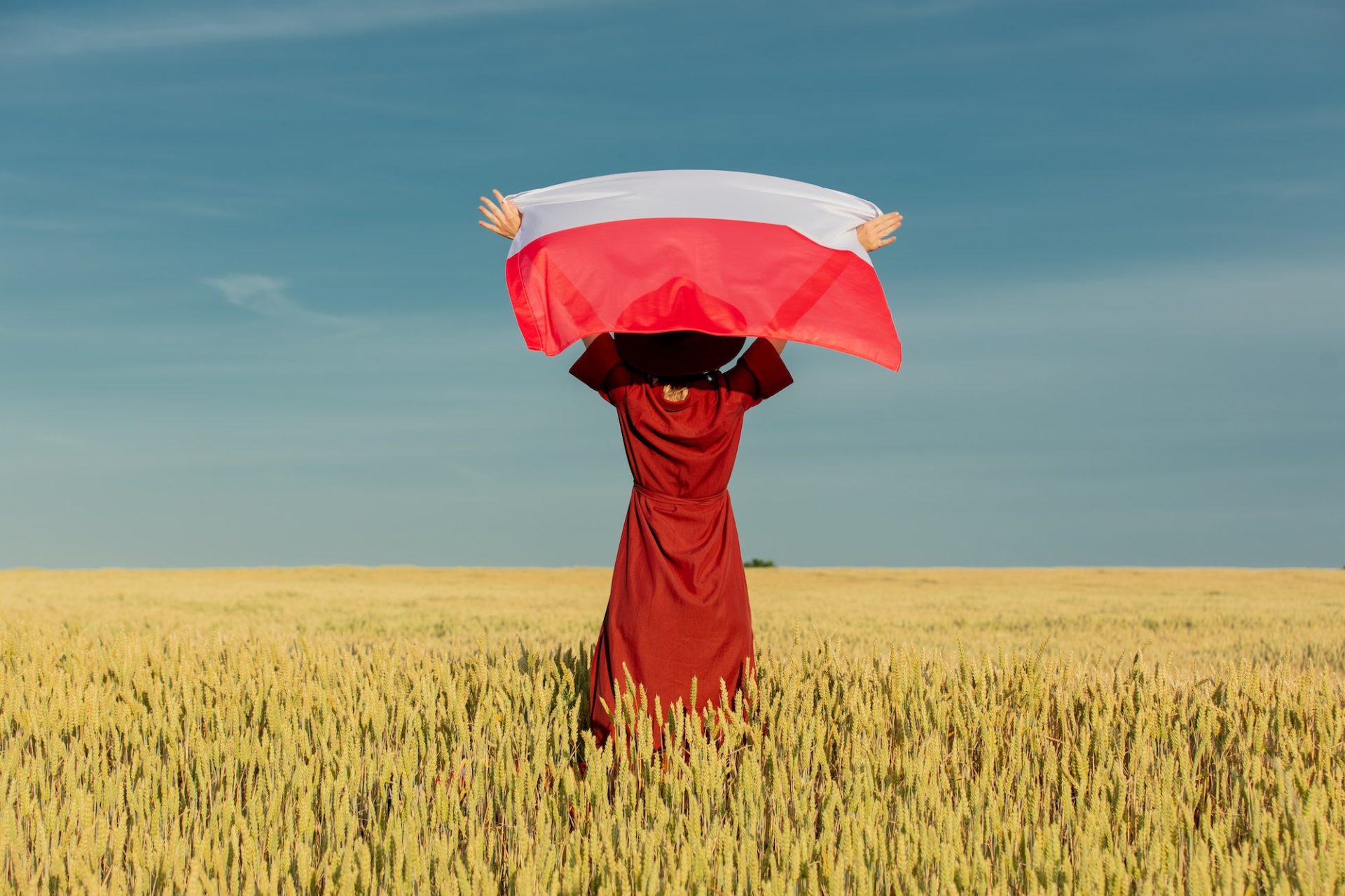 Girl with Poland flag in wheat field and blue sky on background