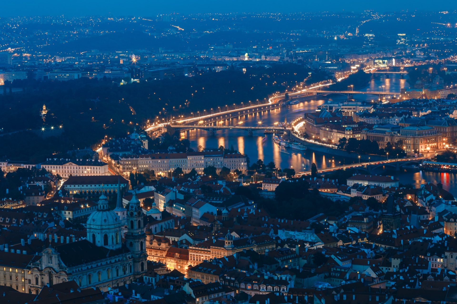 Night aerial view of Prague, Czech Republic